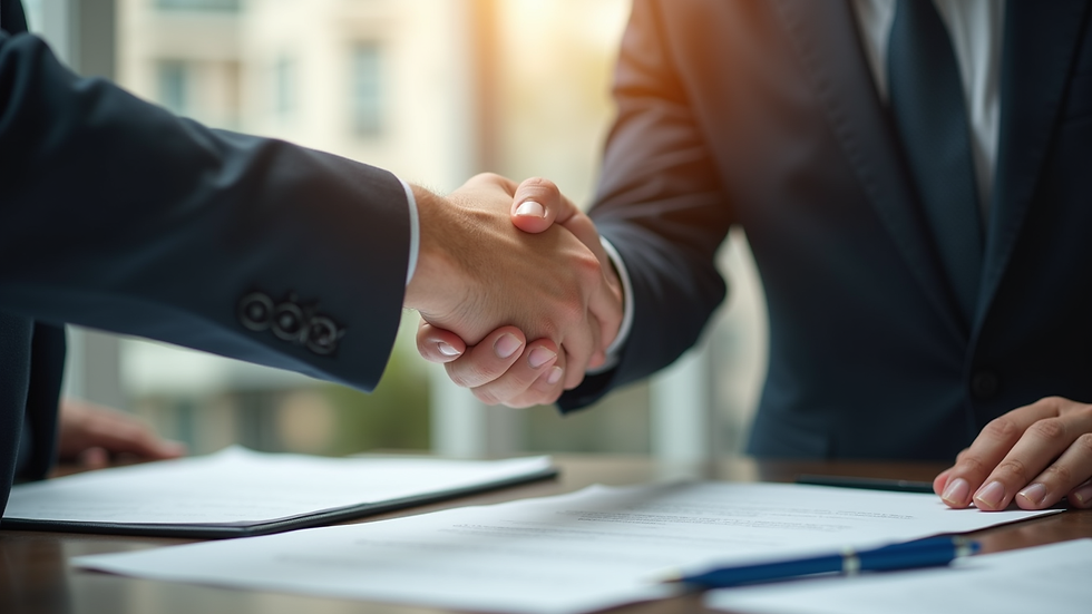 Close-up view of a handshake over a business contract