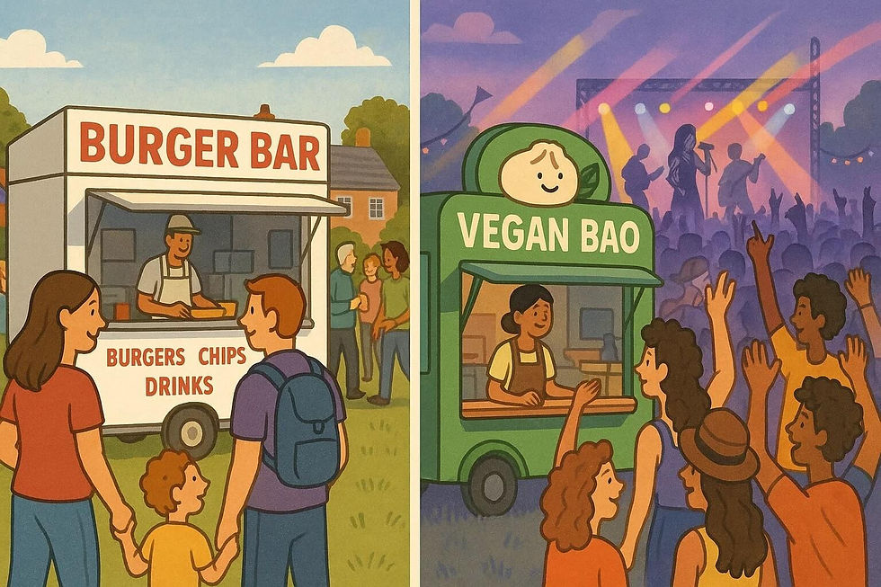 Food trailers at a family event versus a music festival, showing different menu approaches