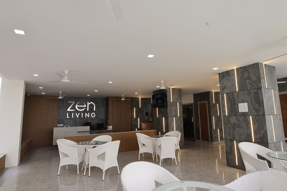Wide angle view of a modern ladies PG common lounge with cozy seating