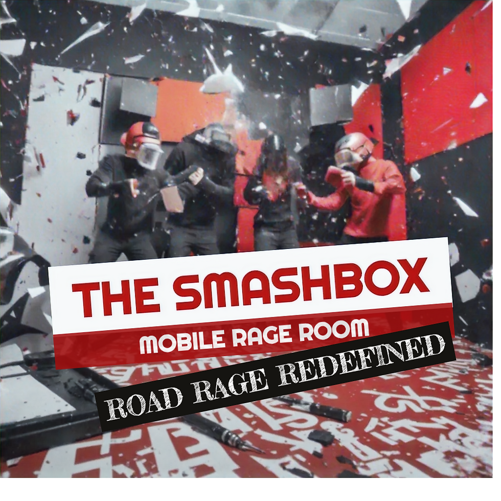 RED BLACK AND WHITE SMASHBOX RAGE ROOM WITH PEOPLE BREAKING GLASS AND ELECTRONICS IN THE