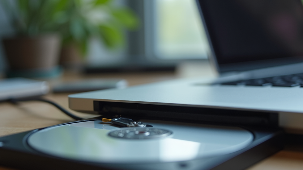 Vue rapprochée d'un disque dur externe posé sur un bureau avec un ordinateur portable