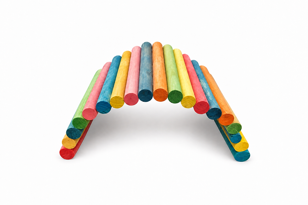 Rainbow wooden guinea pig tunnel made of colorful logs.