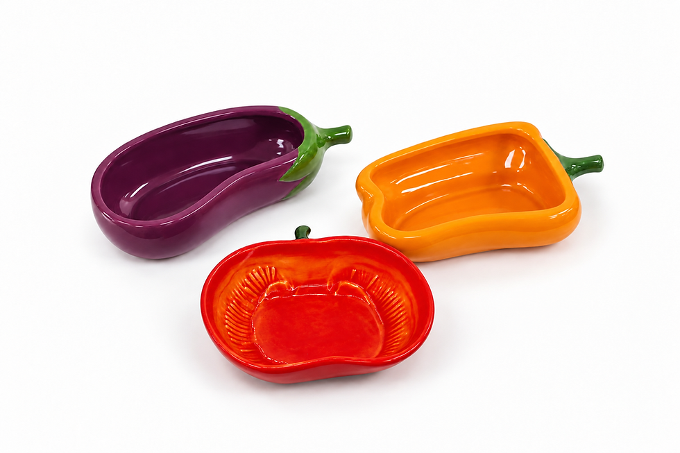 Eggplant, bell pepper, and tomato ceramic guinea pig bowls