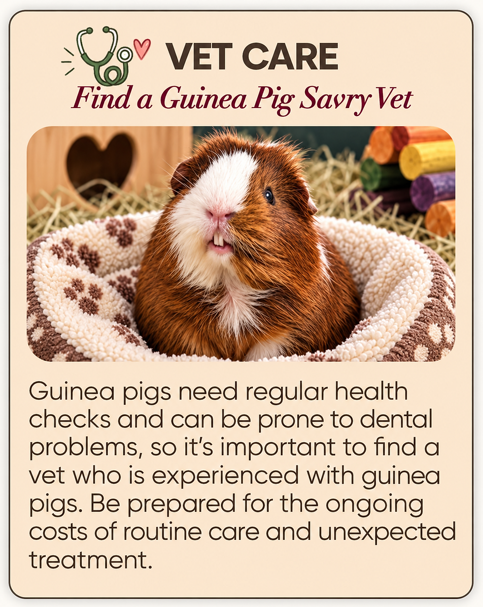 Veterinary care: Guinea pigs need regular health checks and can be prone to dental problems. Owners should find a veterinarian experienced with guinea pigs and be prepared for routine and unexpected veterinary costs.