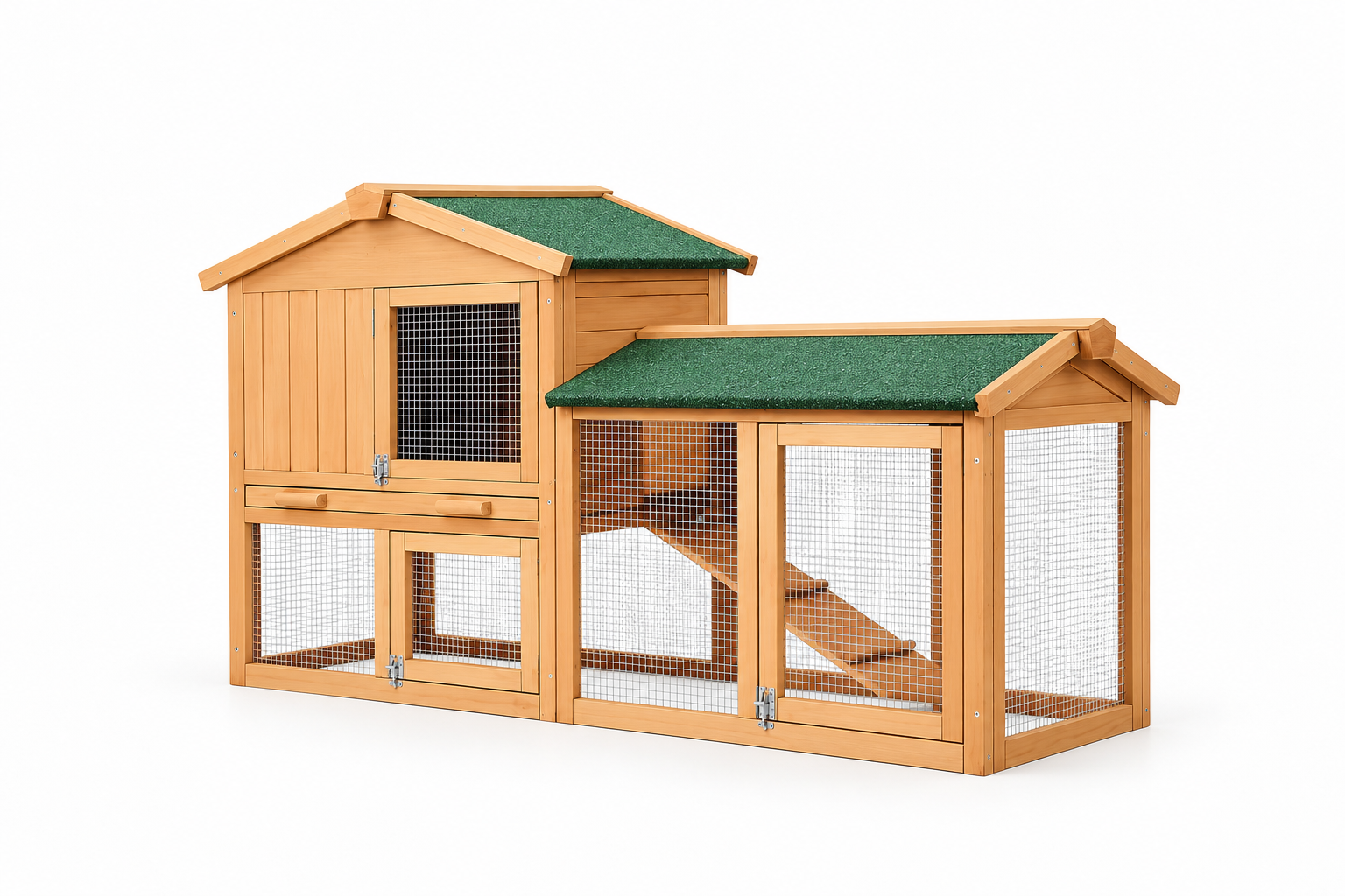 Two-story wooden Playtime Cage with ramp and green roof