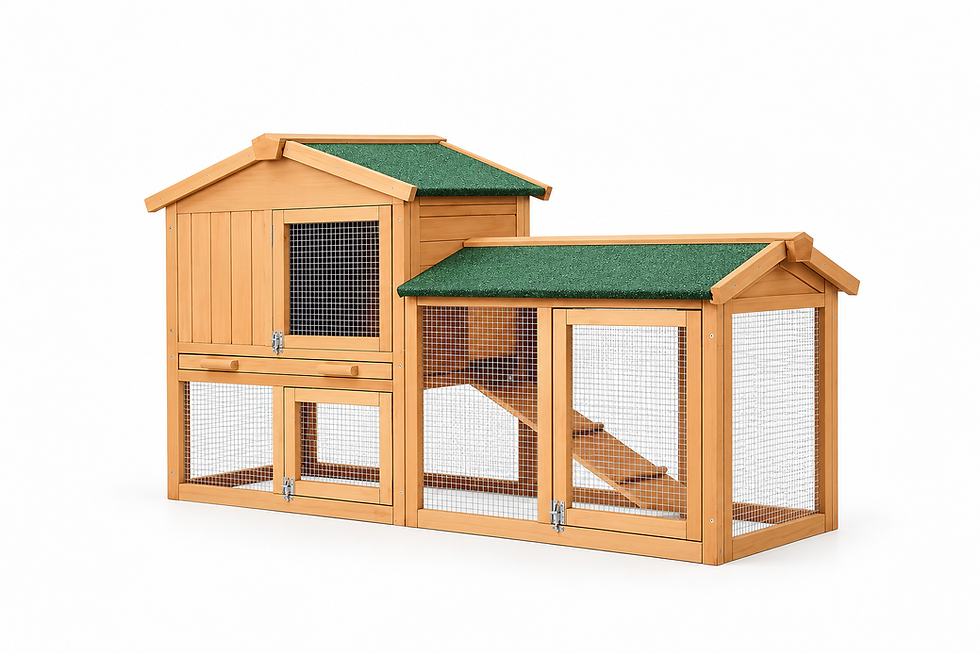 Two-story wooden Playtime Cage with ramp and green roof