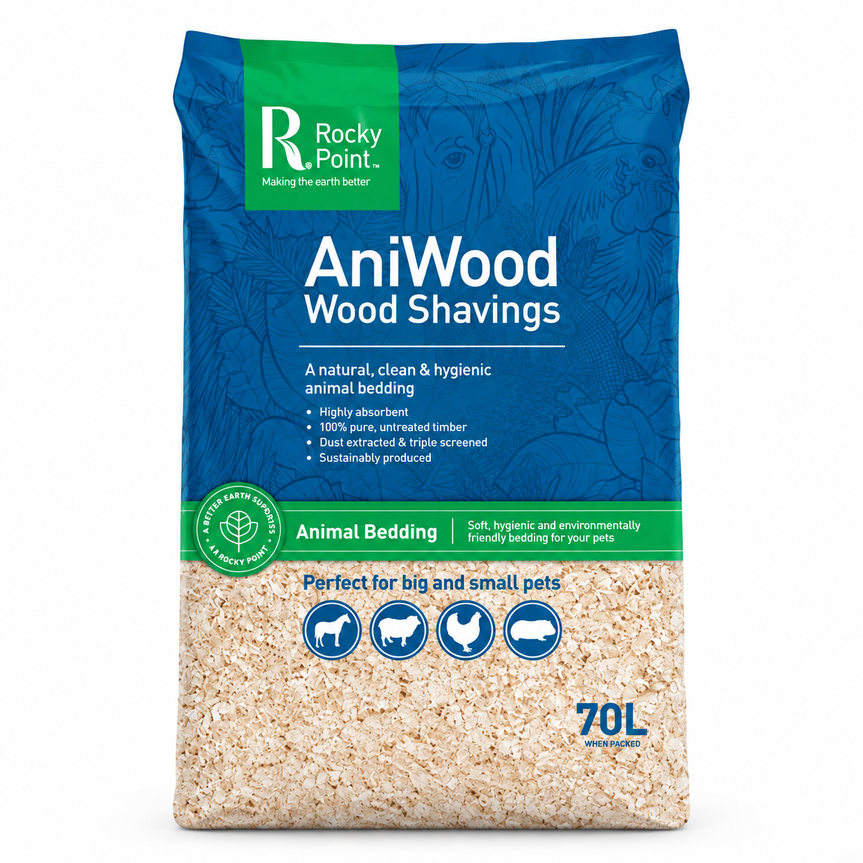 70L bag of Rocky Point AniWood Wood Shavings animal bedding