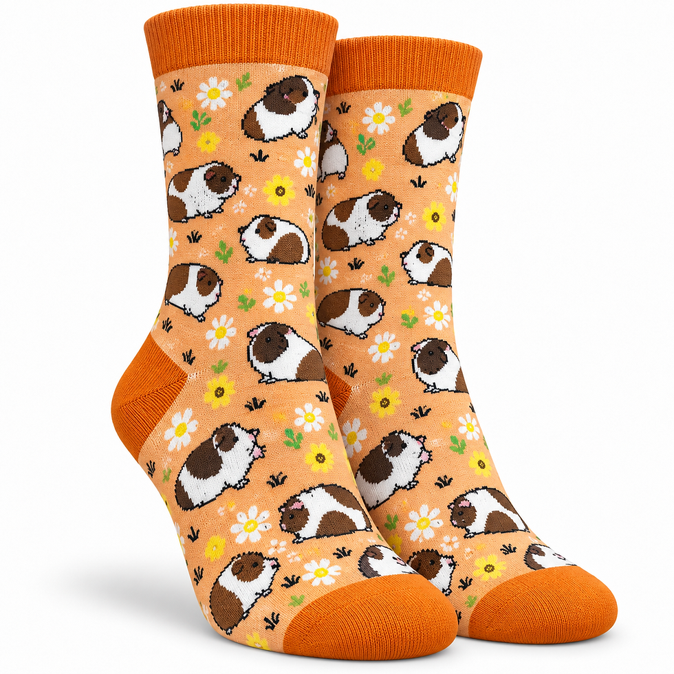 Children’s Guinea Pig Crew Socks with daisies on orange.