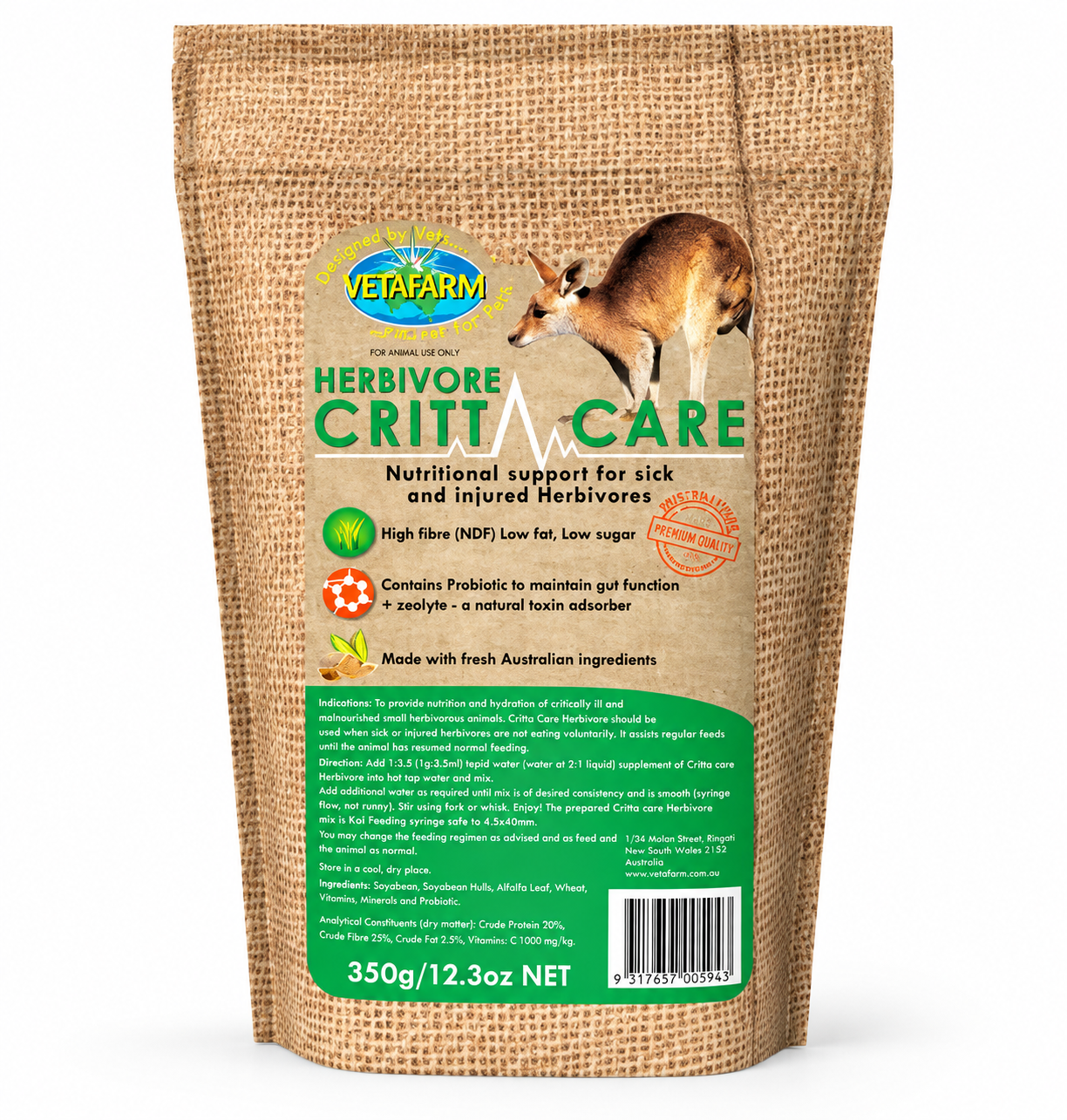 Vetafarm Herbivore Critta Care 350g pack with kangaroo