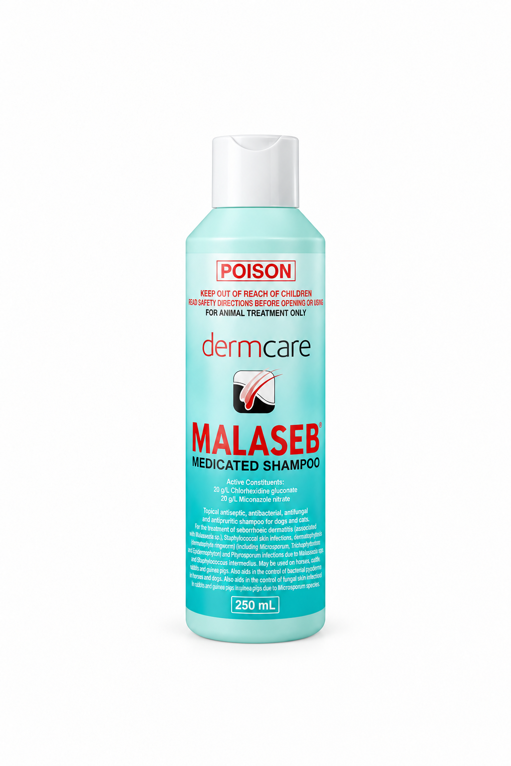 Malaseb Medicated Shampoo 250ml bottle for pet skin care.