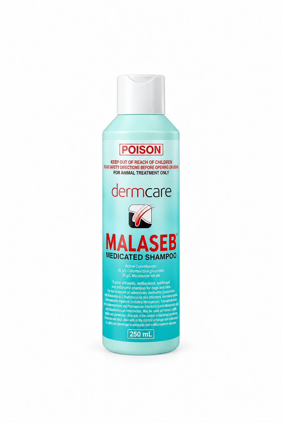 Malaseb Medicated Shampoo 250ml bottle for pet skin care.