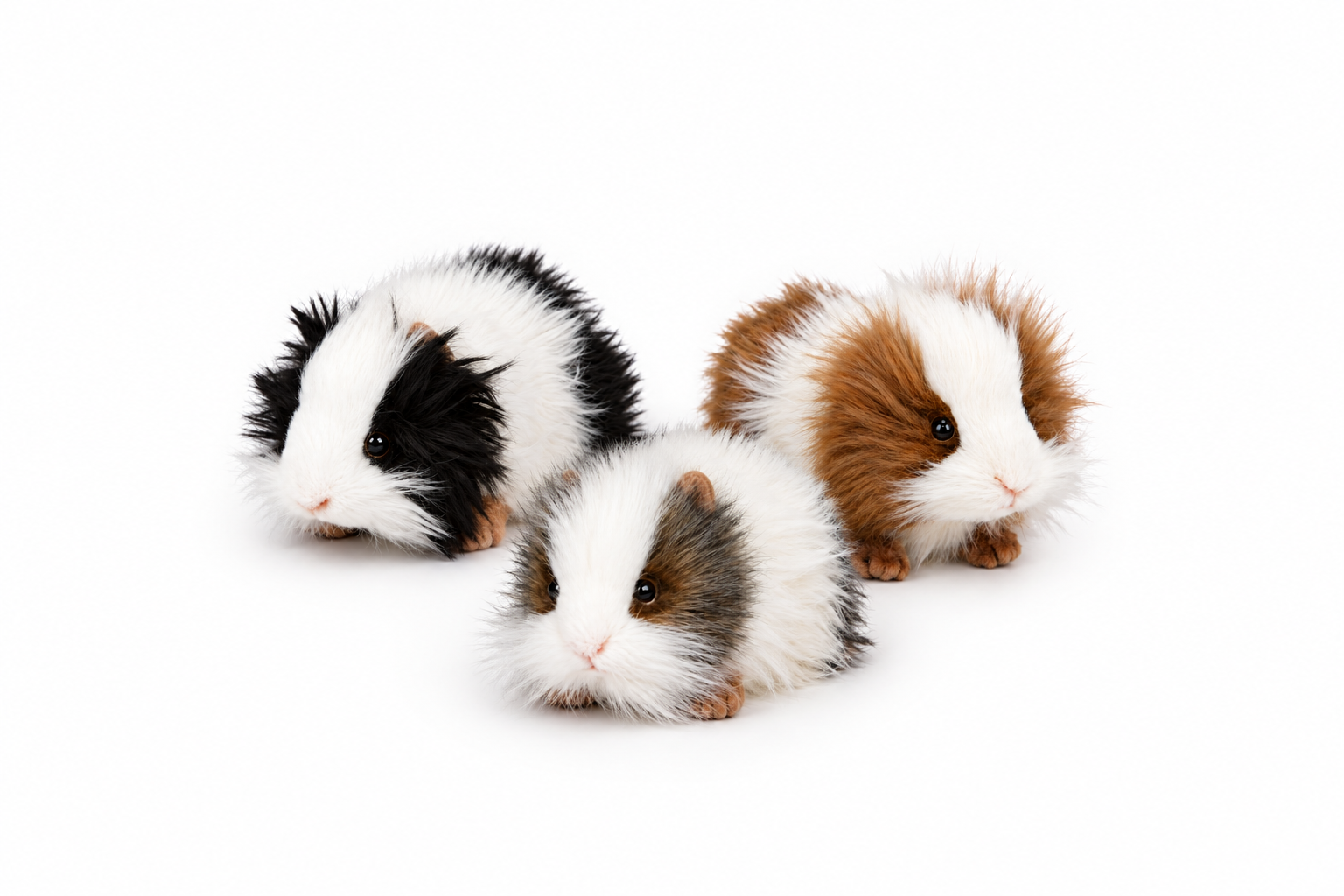 Three realistic guinea pig plush toys in different colors