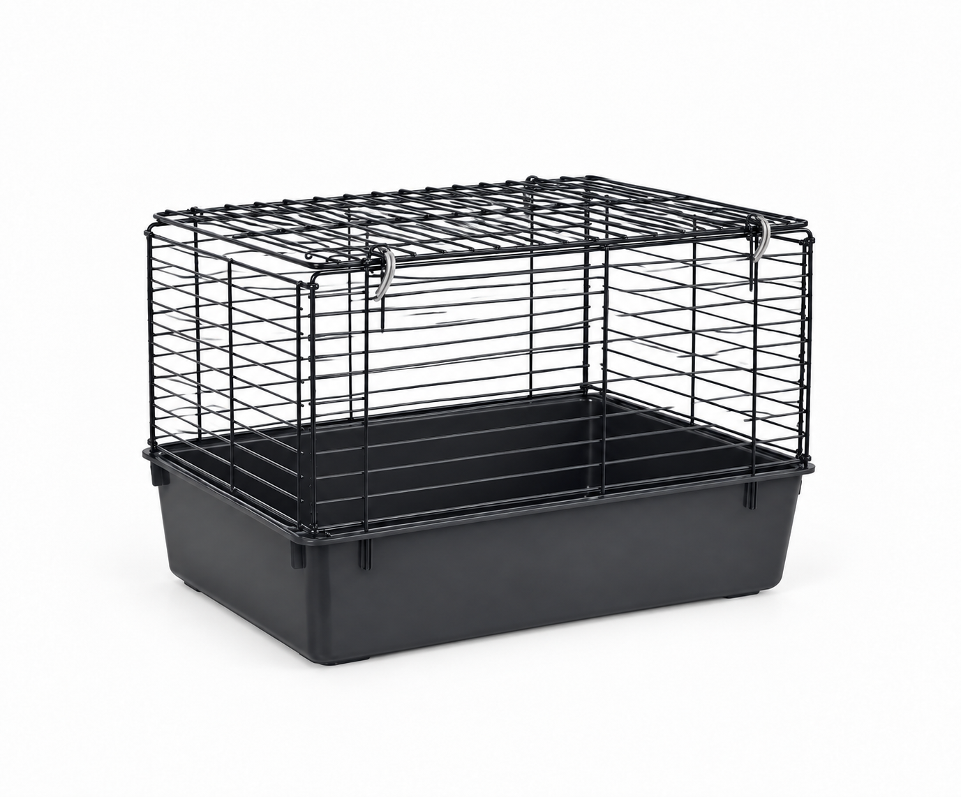 Black guinea pig carrier with wire top and solid base.