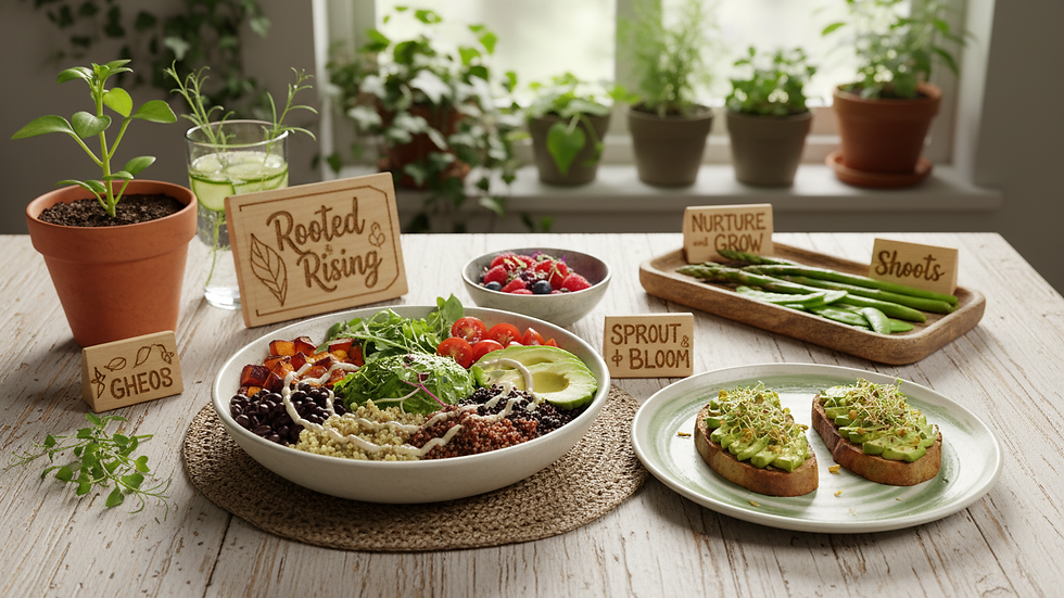 Close-up view of a plant-based meal prepared on a wooden table