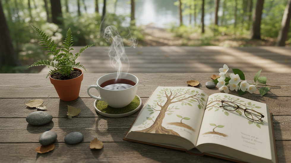 High angle view of a peaceful morning scene with a cup of tea and a book