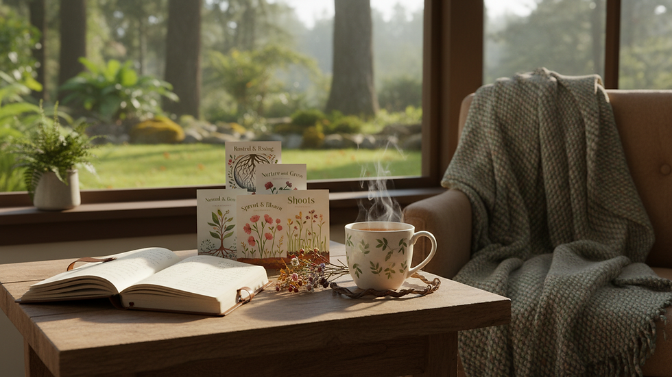 Eye-level view of a cozy corner with a journal and a cup of tea