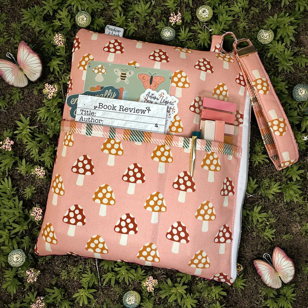 Mushrooms and Plaid Book Bag Gift Set - Fall Fabric Pouch, Bookish Autumn Sleeve