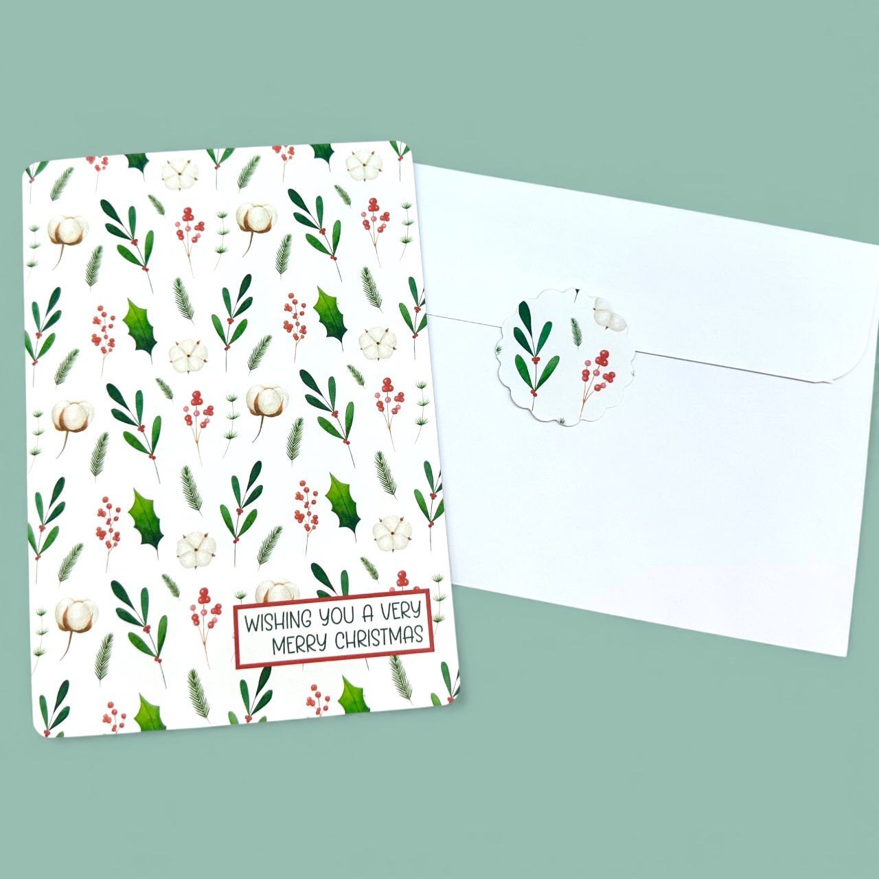 Mistletoe & Holly Christmas Greeting Card with Envelope and Sticker Seal, Blank