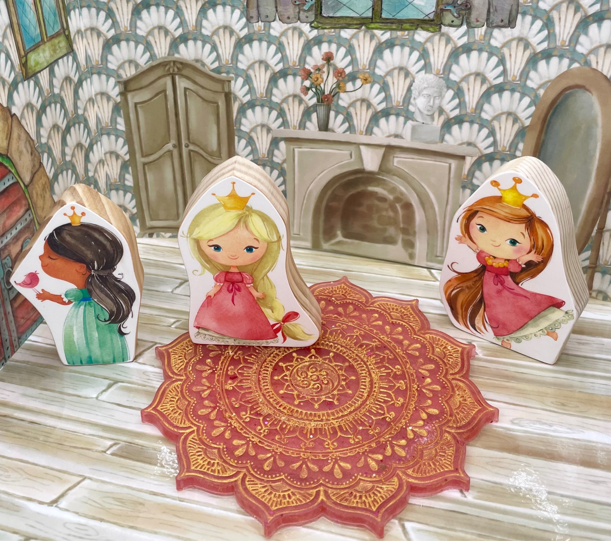 Resin Mandala Rug for Small World Play - Princess Toys, Pink and Gold, Ballroom