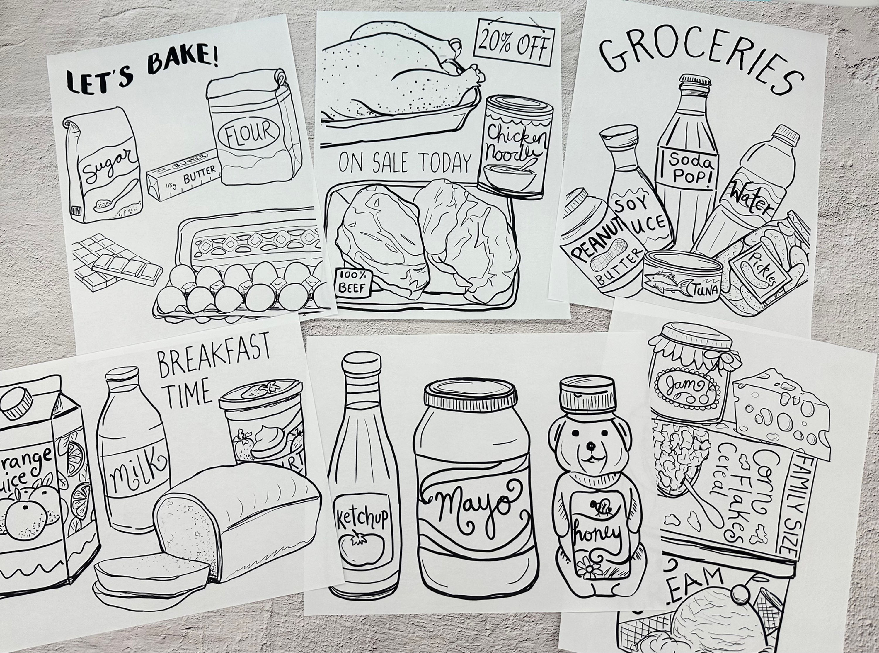 Grocery Coloring Pages - Set of 7 Digital Download Files, Printable, Market Food