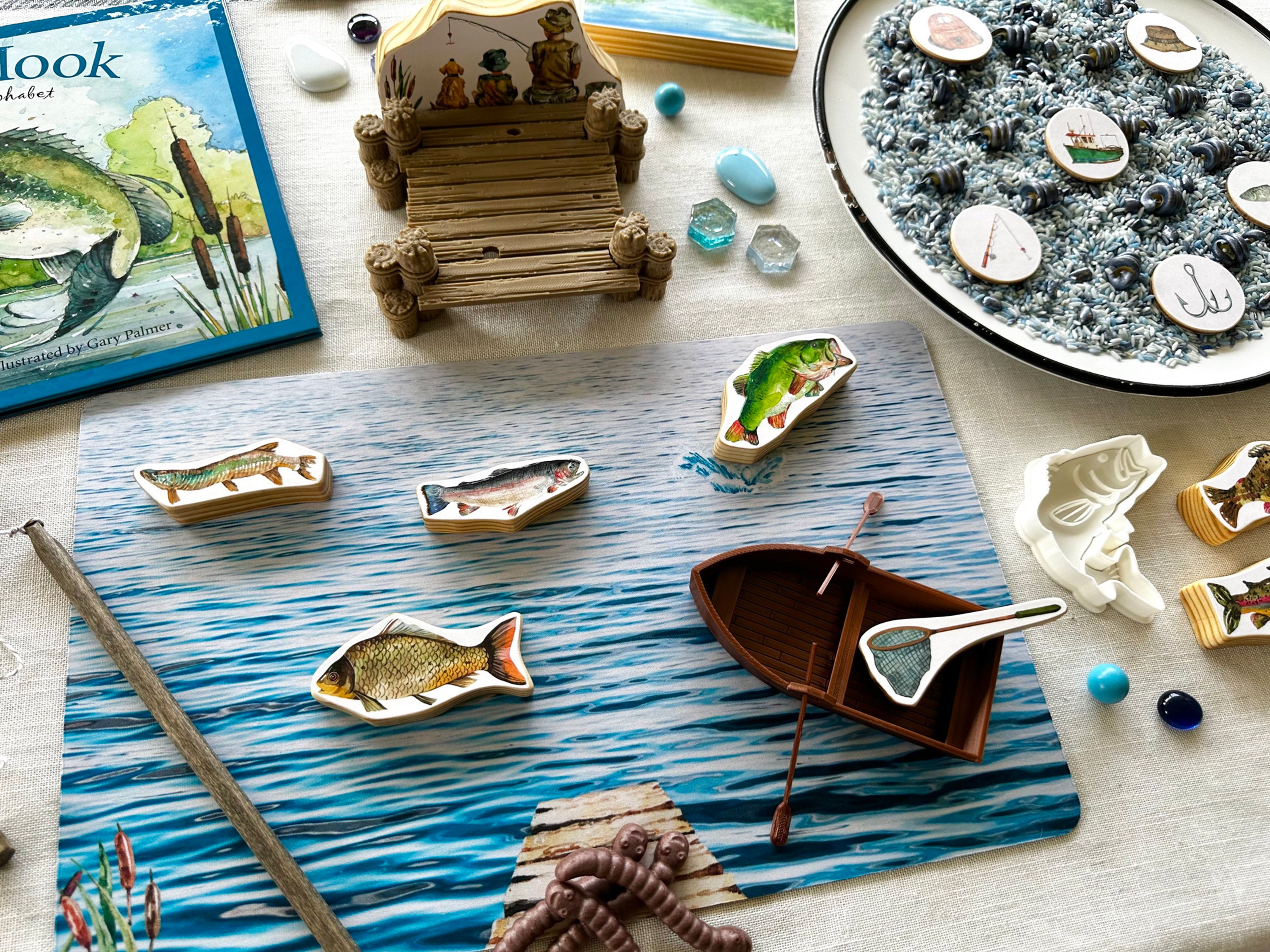 Lake Water Play Mat - Background for Blocks, Ripples, Fishing Pier, Cattails