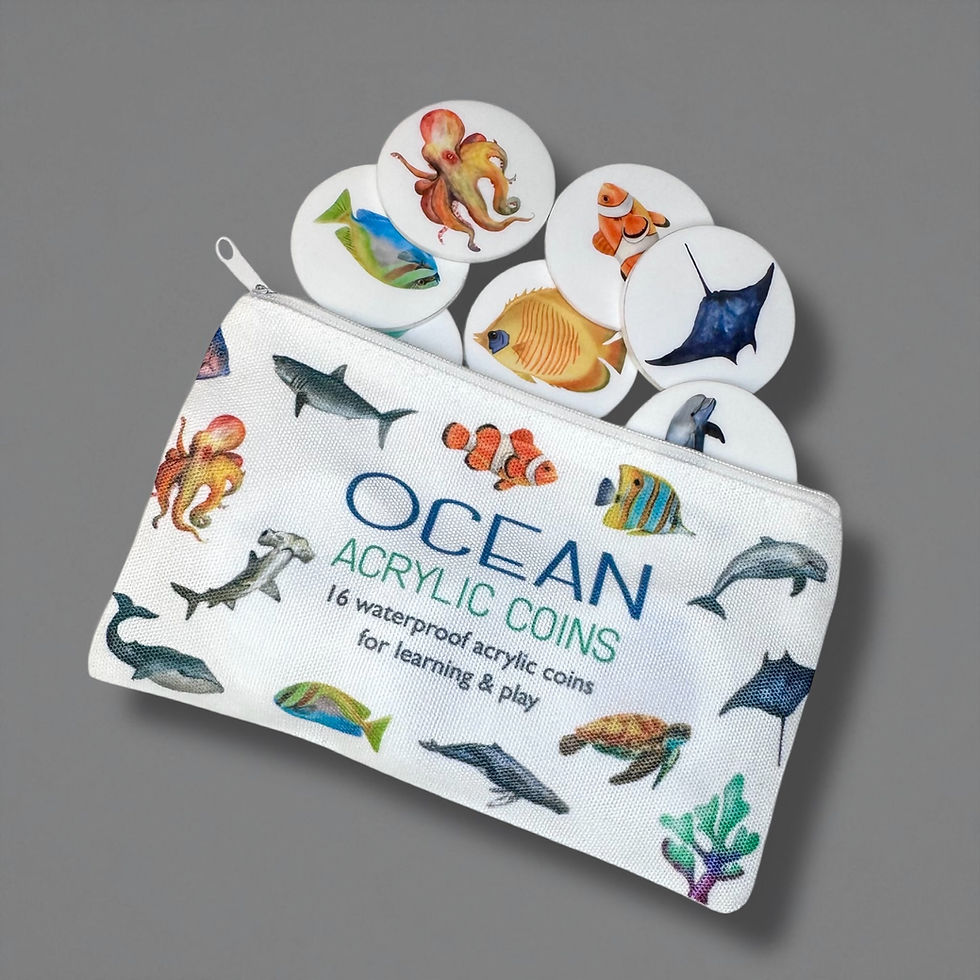 Ocean Acrylic Coins - Fish, Educational Kids Toy, Whales, Sharks, Octopus, Coral