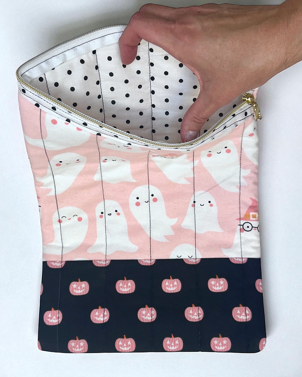 Thumbnail: Pink Ghosts and Pumpkins Book or Tablet Sleeve - Halloween Fabric Pouch, Cover