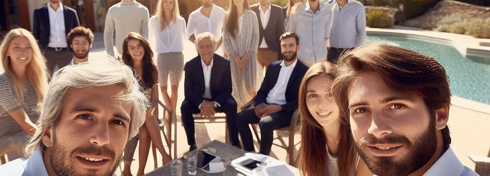 Foreign entrepreneurs and executives brainstorming and relaxing by a pool at a luxurious French Riviera villa. Immersive learning expedition combining business insights, innovation, and cultural experiences in Provence-Alpes-Côte d’Azur