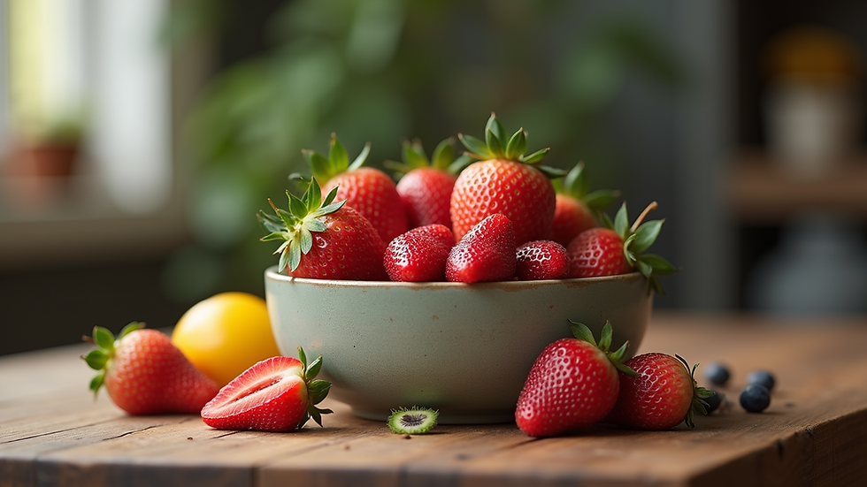 Vue rapprochée d’un bol de fruits frais colorés sur une table en bois
