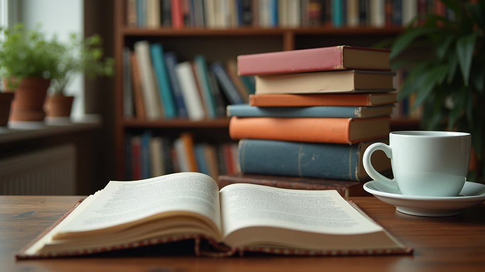 Eye-level view of a cozy study corner with English books and a notebook