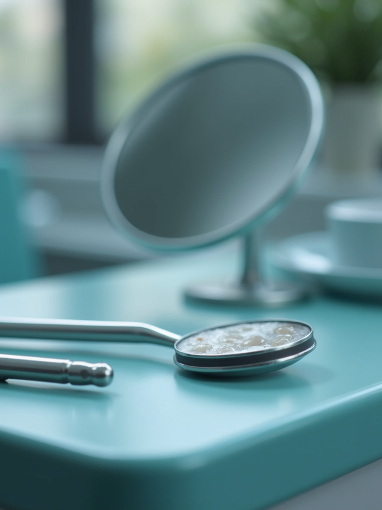 Macro shot of polished dental tools resting on a clinical stainless steel tray.