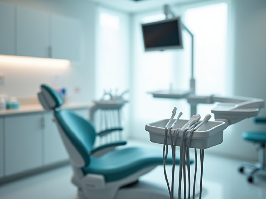 A wide view of a modern and clinical dental treatment room with professional equipment.