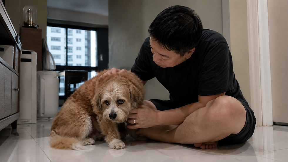 Dog being comforted by owner due to thunder phobia.