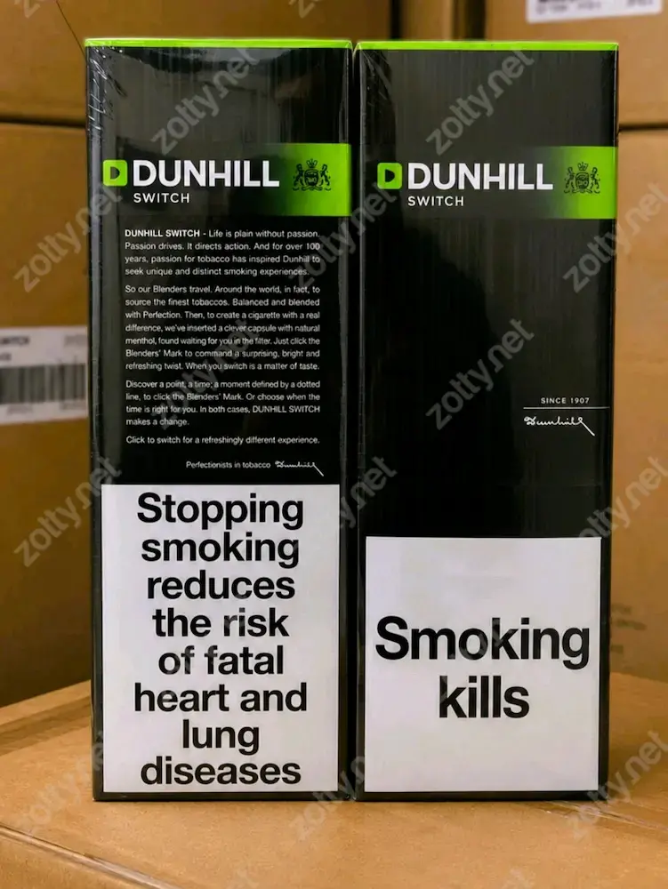 Dunhill Switch Green Duty Free cigarette cartons. Wholesale original BAT tobacco supplies. b2b supply