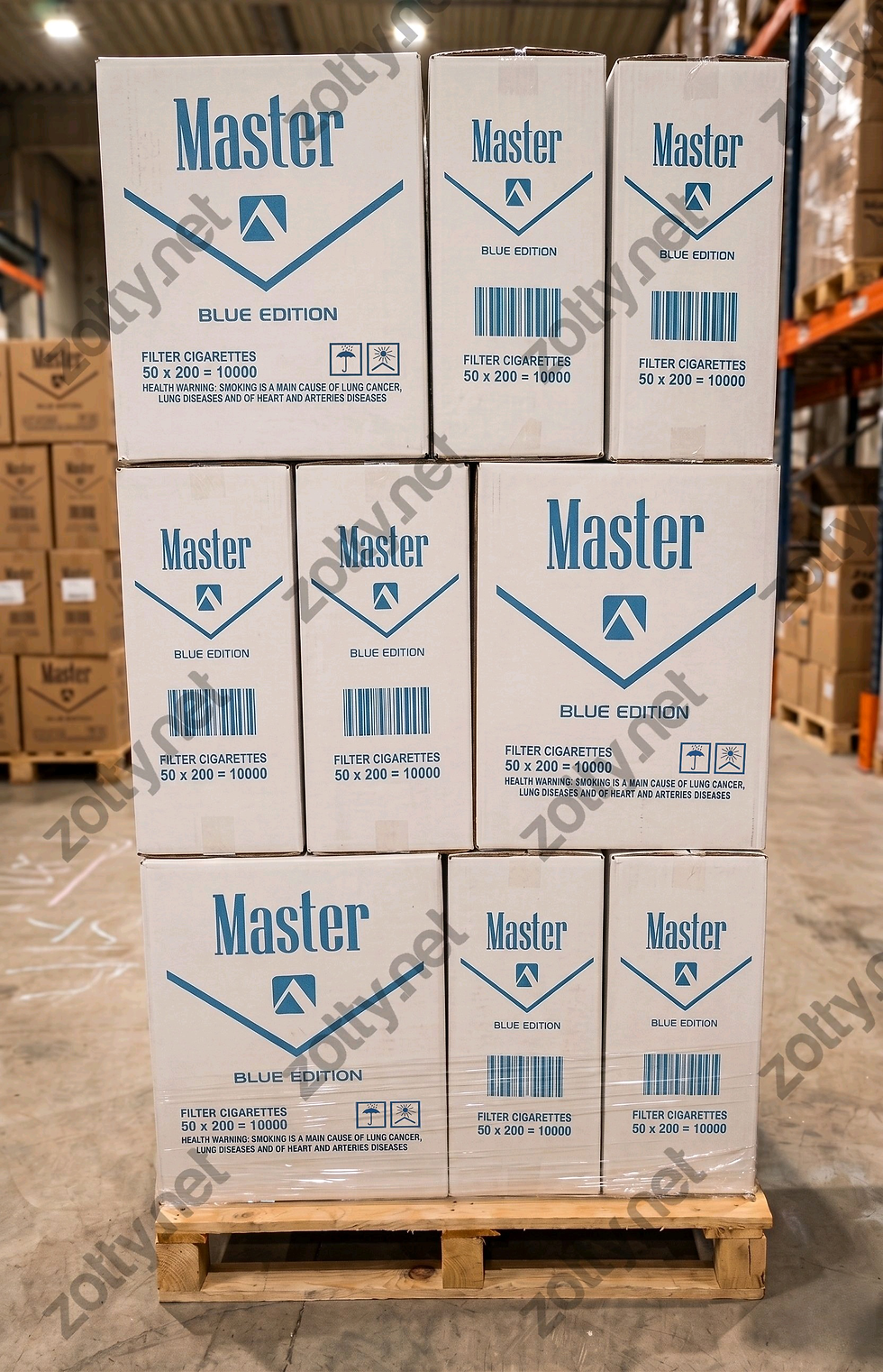 Wholesale stock of Master cigarettes in a warehouse, ready for international distribution by Zotty LTD.