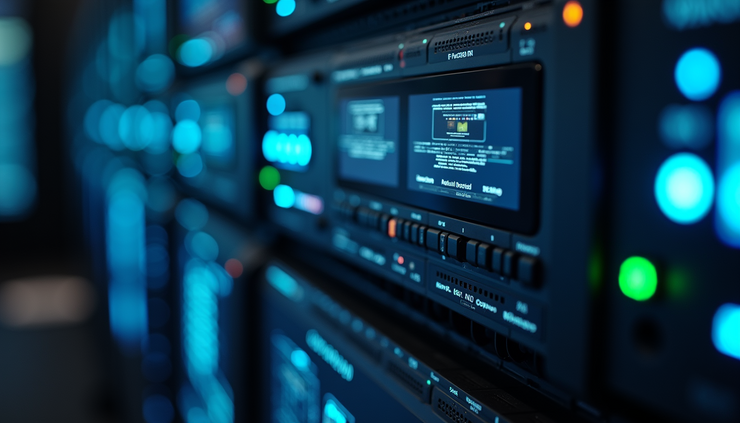 Eye-level view of a server rack with multiple virtual machines running on screens