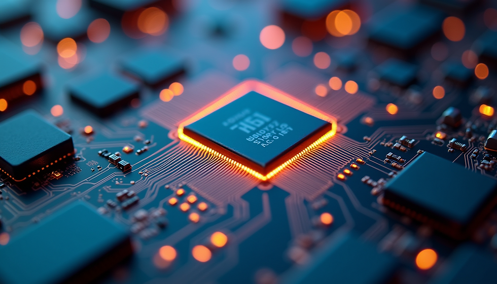 Vista de cerca de un chip GPU moderno con patrones de circuitos intrincados