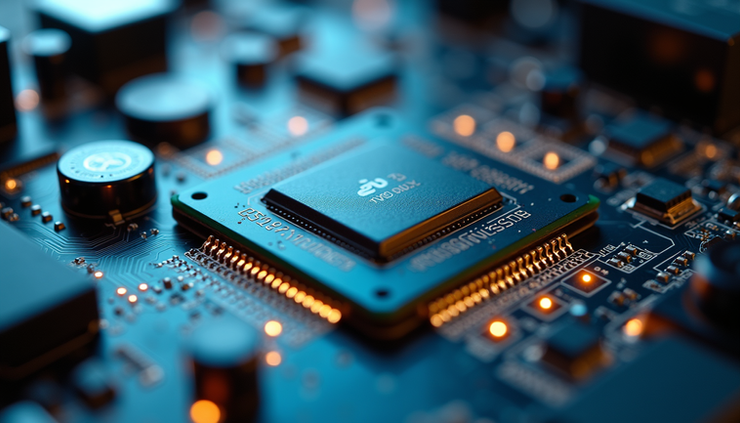 Close-up view of GPU circuit board showing complex chip layout