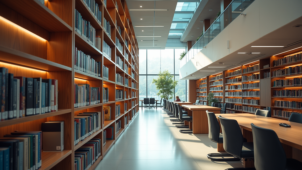 Blick auf eine moderne Bibliothek voller Bücher und Lernräume auf Augenhöhe