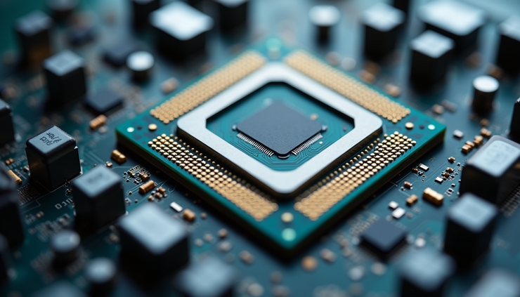 Vue en plongée d'une puce de processeur avec cœurs et composants intégrés visibles