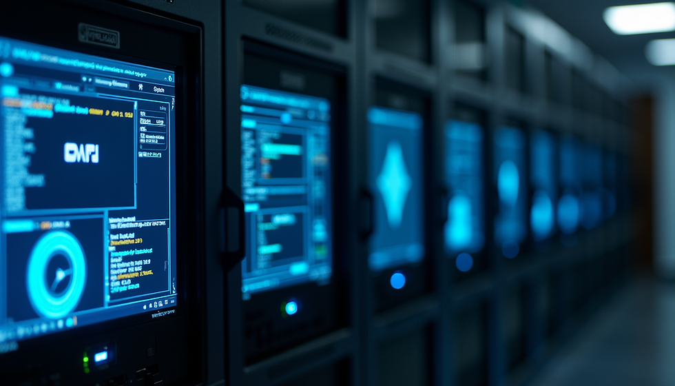 Eye-level view of a server rack with multiple virtual machines running on screens