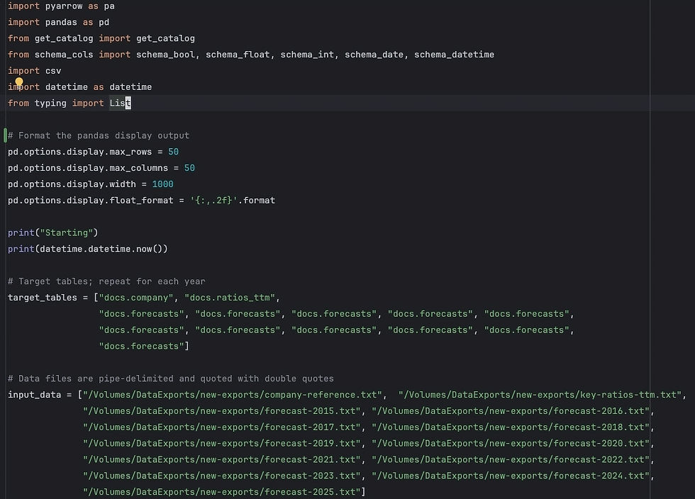 start of script with imports, tables, and datafile used in load