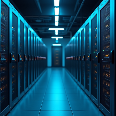 Eye-level view of a large data center aisle with rows of storage servers
