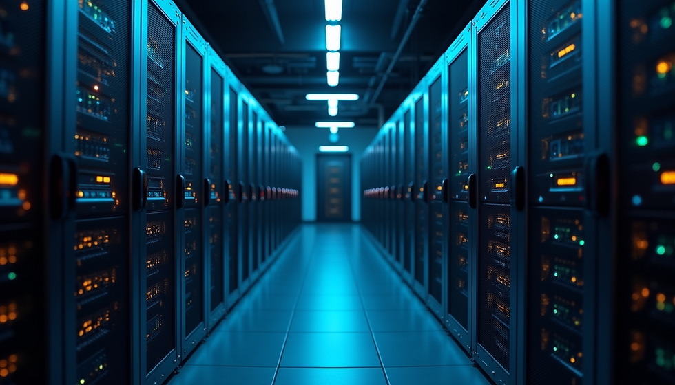 Eye-level view of a large data center aisle with rows of storage servers