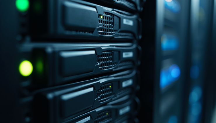 Eye-level view of a network-attached storage device with multiple hard drives