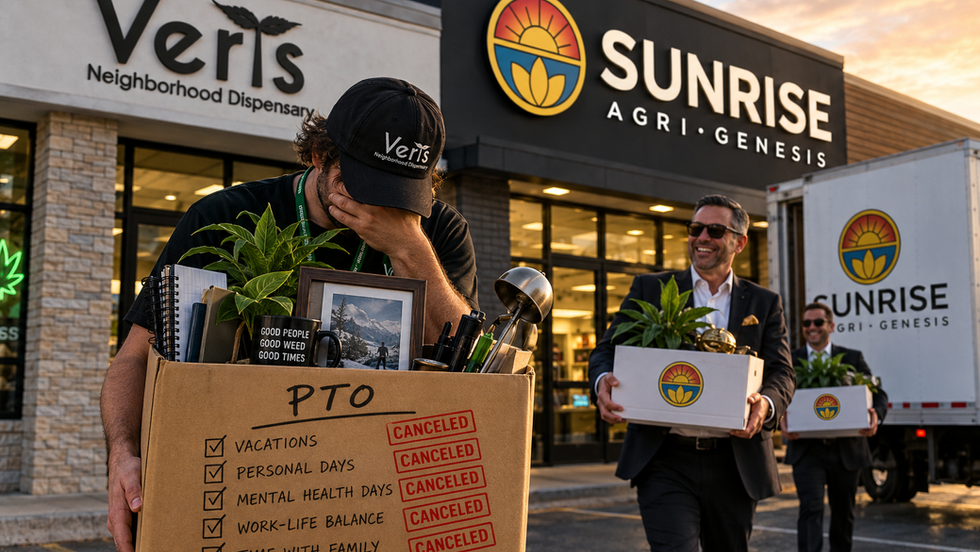 MISSOURI — In another inspiring example of the cannabis industry's unwavering commitment to putting people first, Agri-Genesis has reportedly celebrated its acquisition of Verts by introducing an exciting new employee benefits program called Go Fuck Yourself. The program, which management has not actually given that name, allows employees to experience the thrill of losing their accumulated paid time off while simultaneously enjoying the privilege of continuing to work at the exact same dispensary.