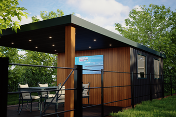 Modern garden room with black frame doors and covered patio seating