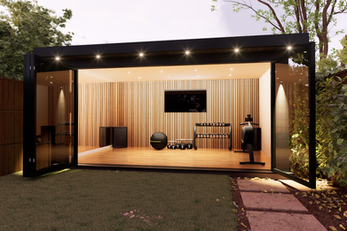Dark-clad garden gym with sliding glass doors and recessed lighting in a North London garden