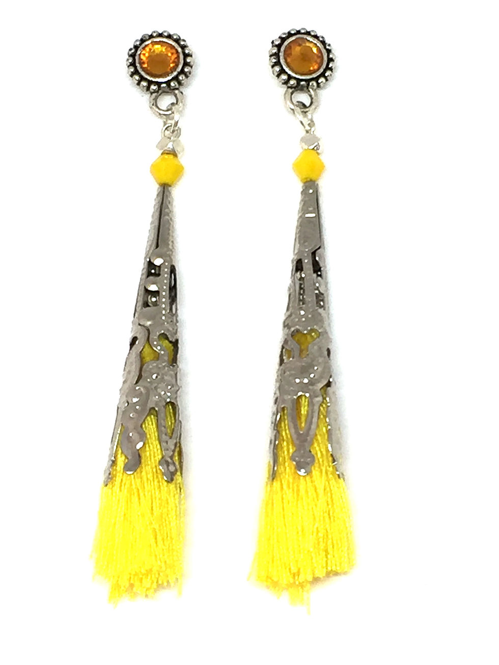 Miniature : Boucles d'oreilles ethnique pom-pom cône argent & jaune citron
