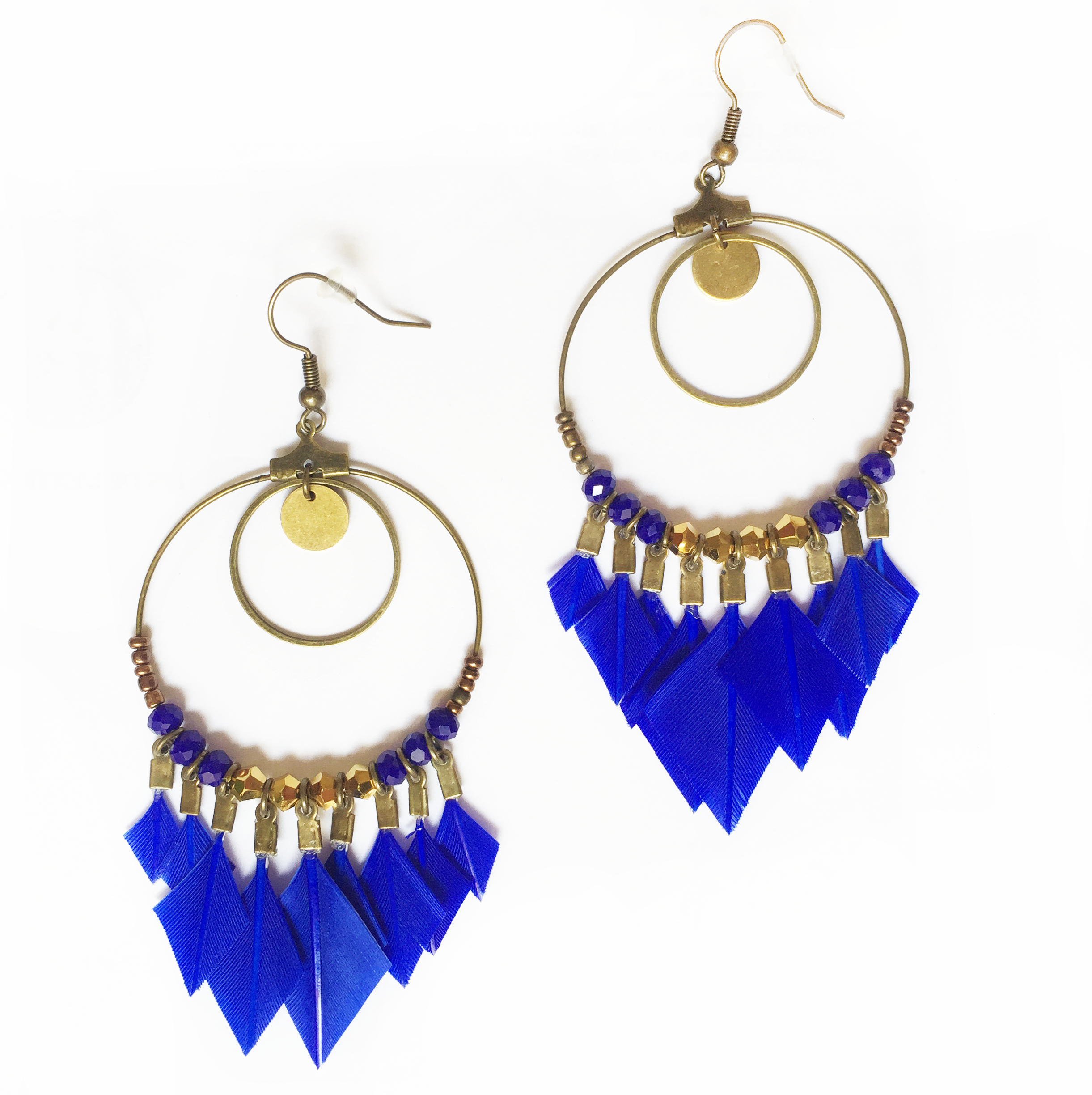 Boucles d'oreilles attrape-rêve en plumes bleu majoral